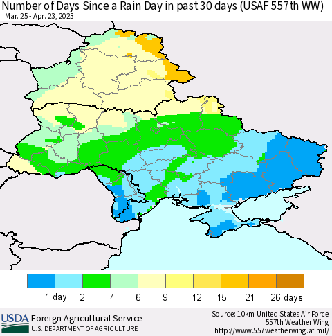 Ukraine, Moldova and Belarus Number of Days Since a Rain Day in past 30 days (USAF 557th WW) Thematic Map For 4/17/2023 - 4/23/2023