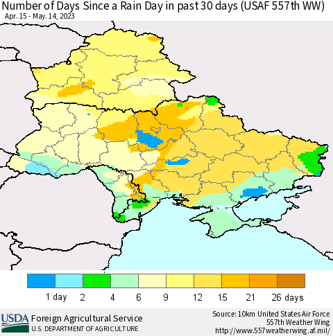 Ukraine, Moldova and Belarus Number of Days Since a Rain Day in past 30 days (USAF 557th WW) Thematic Map For 5/8/2023 - 5/14/2023