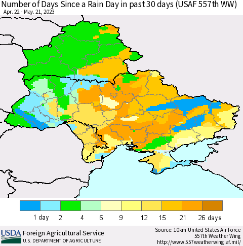 Ukraine, Moldova and Belarus Number of Days Since a Rain Day in past 30 days (USAF 557th WW) Thematic Map For 5/15/2023 - 5/21/2023