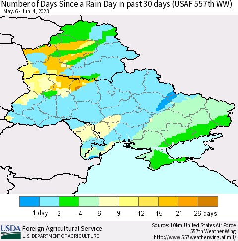 Ukraine, Moldova and Belarus Number of Days Since a Rain Day in past 30 days (USAF 557th WW) Thematic Map For 5/29/2023 - 6/4/2023