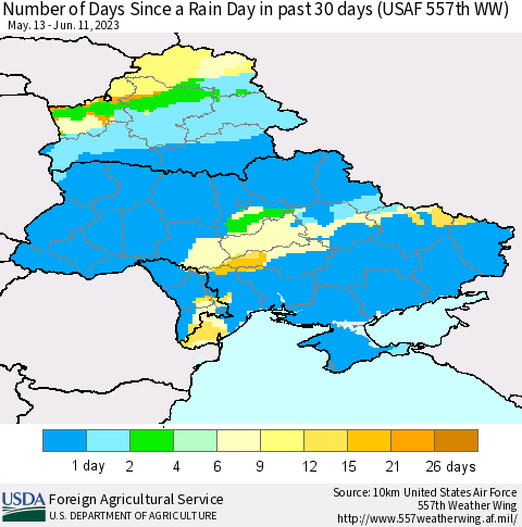 Ukraine, Moldova and Belarus Number of Days Since a Rain Day in past 30 days (USAF 557th WW) Thematic Map For 6/5/2023 - 6/11/2023