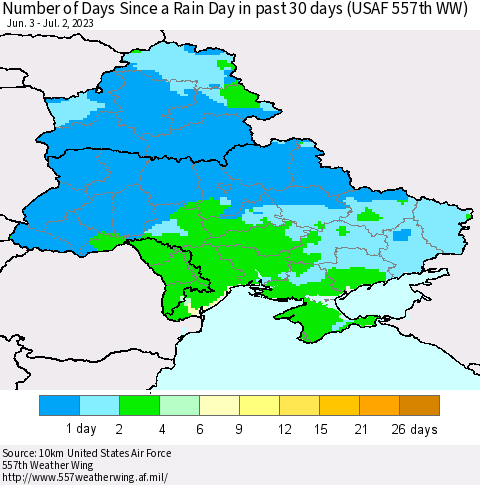 Ukraine, Moldova and Belarus Number of Days Since a Rain Day in past 30 days (USAF 557th WW) Thematic Map For 6/26/2023 - 7/2/2023