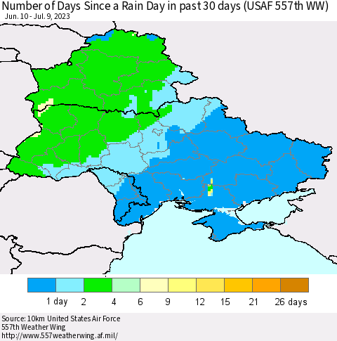 Ukraine, Moldova and Belarus Number of Days Since a Rain Day in past 30 days (USAF 557th WW) Thematic Map For 7/3/2023 - 7/9/2023