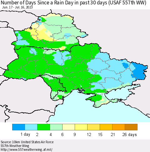 Ukraine, Moldova and Belarus Number of Days Since a Rain Day in past 30 days (USAF 557th WW) Thematic Map For 7/10/2023 - 7/16/2023