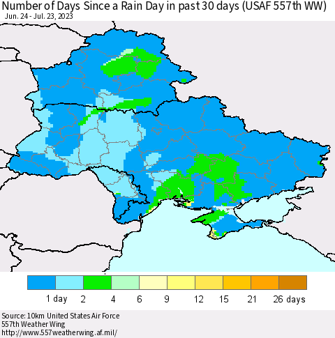 Ukraine, Moldova and Belarus Number of Days Since a Rain Day in past 30 days (USAF 557th WW) Thematic Map For 7/17/2023 - 7/23/2023