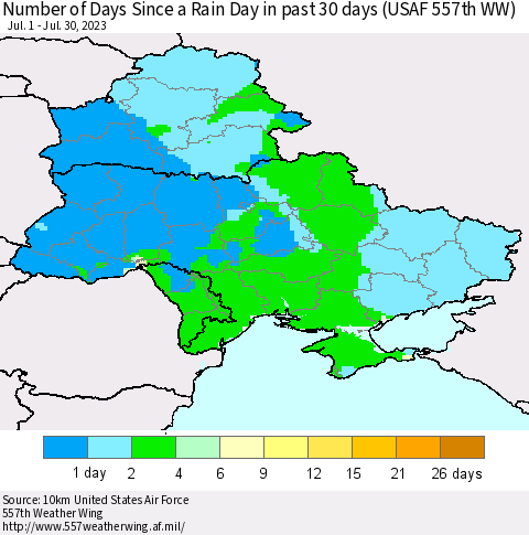 Ukraine, Moldova and Belarus Number of Days Since a Rain Day in past 30 days (USAF 557th WW) Thematic Map For 7/24/2023 - 7/30/2023