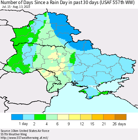 Ukraine, Moldova and Belarus Number of Days Since a Rain Day in past 30 days (USAF 557th WW) Thematic Map For 8/7/2023 - 8/13/2023