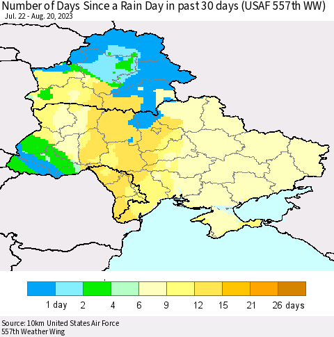 Ukraine, Moldova and Belarus Number of Days Since a Rain Day in past 30 days (USAF 557th WW) Thematic Map For 8/14/2023 - 8/20/2023
