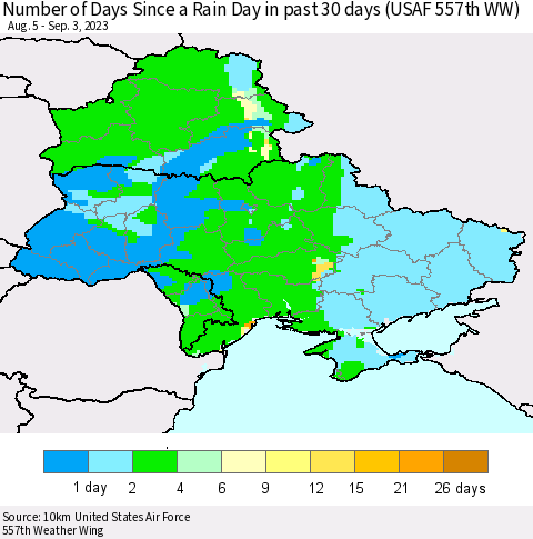 Ukraine, Moldova and Belarus Number of Days Since a Rain Day in past 30 days (USAF 557th WW) Thematic Map For 8/28/2023 - 9/3/2023