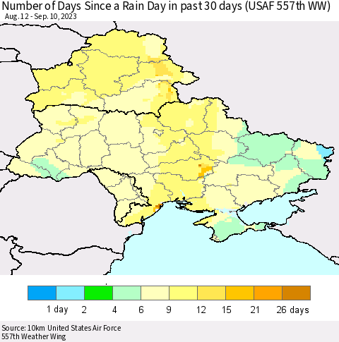 Ukraine, Moldova and Belarus Number of Days Since a Rain Day in past 30 days (USAF 557th WW) Thematic Map For 9/4/2023 - 9/10/2023