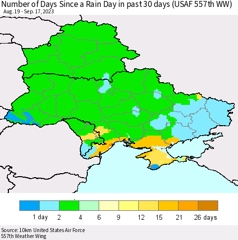 Ukraine, Moldova and Belarus Number of Days Since a Rain Day in past 30 days (USAF 557th WW) Thematic Map For 9/11/2023 - 9/17/2023