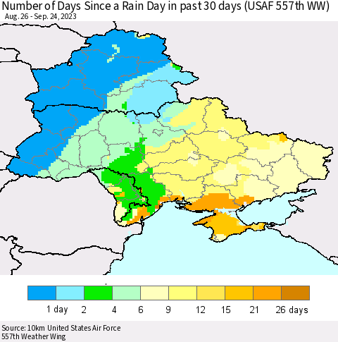 Ukraine, Moldova and Belarus Number of Days Since a Rain Day in past 30 days (USAF 557th WW) Thematic Map For 9/18/2023 - 9/24/2023