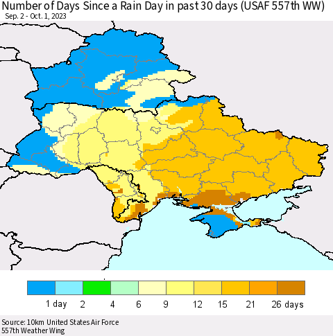 Ukraine, Moldova and Belarus Number of Days Since a Rain Day in past 30 days (USAF 557th WW) Thematic Map For 9/25/2023 - 10/1/2023