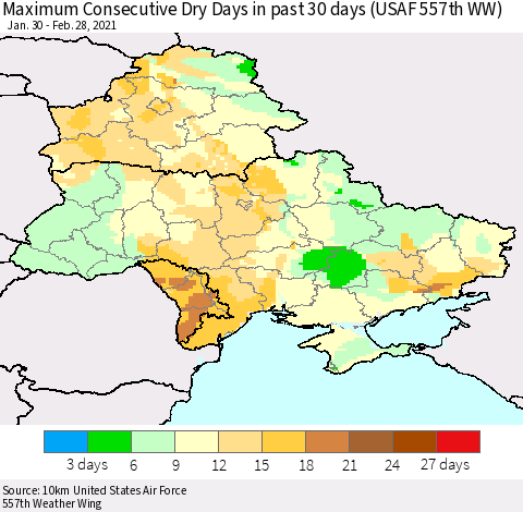Ukraine, Moldova and Belarus Maximum Consecutive Dry Days in past 30 days (USAF 557th WW) 02/28/2021 Thematic Map For 2/26/2021 - 2/28/2021