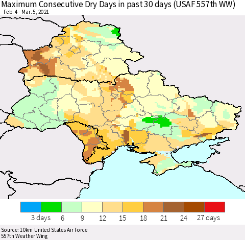 Ukraine, Moldova and Belarus Maximum Consecutive Dry Days in past 30 days (USAF 557th WW) 03/05/2021 Thematic Map For 3/1/2021 - 3/5/2021