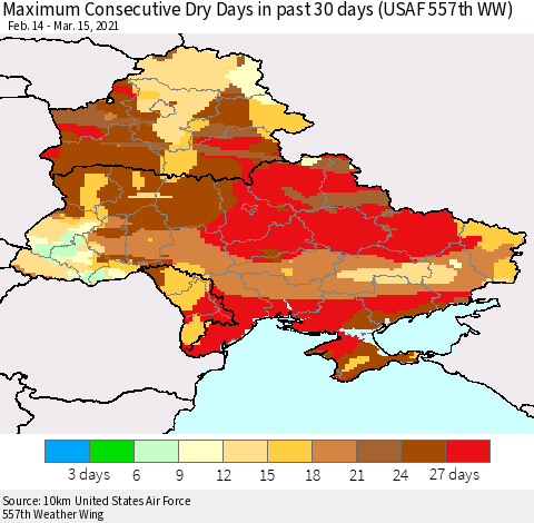 Ukraine, Moldova and Belarus Maximum Consecutive Dry Days in past 30 days (USAF 557th WW) 03/15/2021 Thematic Map For 3/11/2021 - 3/15/2021