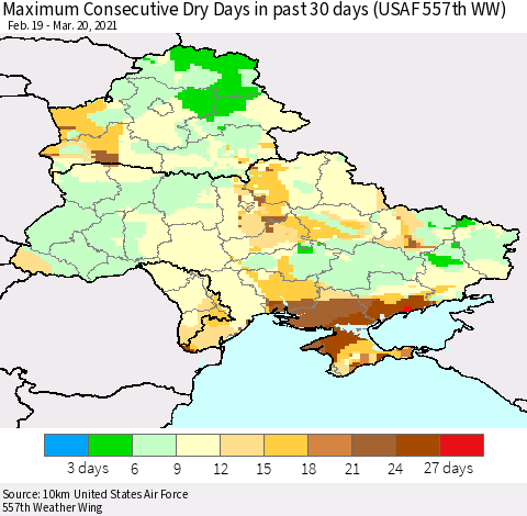 Ukraine, Moldova and Belarus Maximum Consecutive Dry Days in past 30 days (USAF 557th WW) 03/20/2021 Thematic Map For 3/16/2021 - 3/20/2021