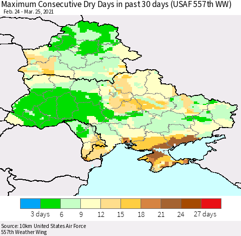 Ukraine, Moldova and Belarus Maximum Consecutive Dry Days in past 30 days (USAF 557th WW) 03/25/2021 Thematic Map For 3/21/2021 - 3/25/2021