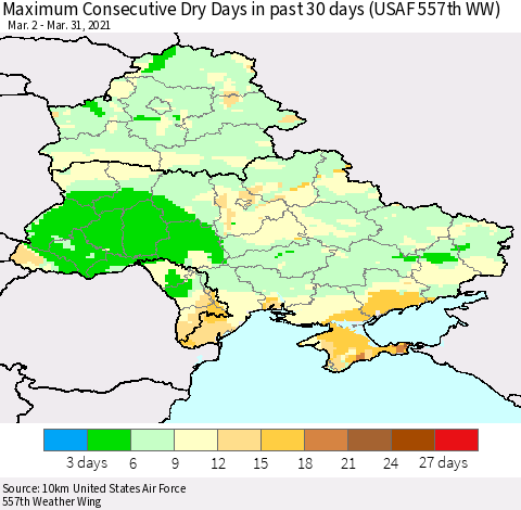 Ukraine, Moldova and Belarus Maximum Consecutive Dry Days in past 30 days (USAF 557th WW) 03/31/2021 Thematic Map For 3/26/2021 - 3/31/2021