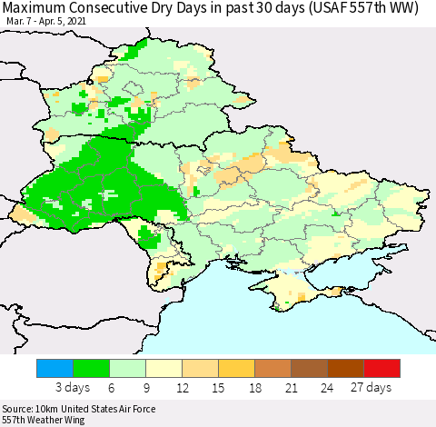 Ukraine, Moldova and Belarus Maximum Consecutive Dry Days in past 30 days (USAF 557th WW) 04/05/2021 Thematic Map For 4/1/2021 - 4/5/2021