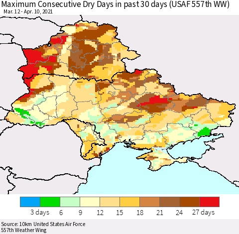 Ukraine, Moldova and Belarus Maximum Consecutive Dry Days in past 30 days (USAF 557th WW) 04/10/2021 Thematic Map For 4/6/2021 - 4/10/2021