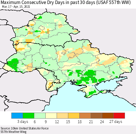 Ukraine, Moldova and Belarus Maximum Consecutive Dry Days in past 30 days (USAF 557th WW) 04/15/2021 Thematic Map For 4/11/2021 - 4/15/2021