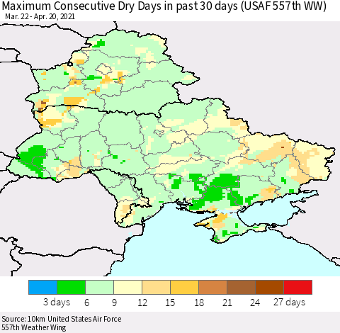 Ukraine, Moldova and Belarus Maximum Consecutive Dry Days in past 30 days (USAF 557th WW) 04/20/2021 Thematic Map For 4/16/2021 - 4/20/2021