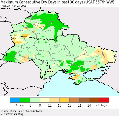 Ukraine, Moldova and Belarus Maximum Consecutive Dry Days in past 30 days (USAF 557th WW) 04/25/2021 Thematic Map For 4/21/2021 - 4/25/2021