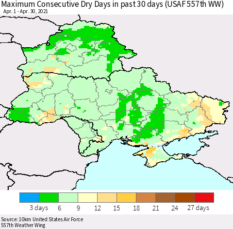 Ukraine, Moldova and Belarus Maximum Consecutive Dry Days in past 30 days (USAF 557th WW) 04/30/2021 Thematic Map For 4/26/2021 - 4/30/2021
