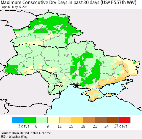 Ukraine, Moldova and Belarus Maximum Consecutive Dry Days in past 30 days (USAF 557th WW) 05/05/2021 Thematic Map For 5/1/2021 - 5/5/2021