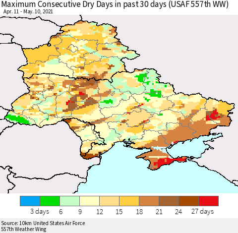 Ukraine, Moldova and Belarus Maximum Consecutive Dry Days in past 30 days (USAF 557th WW) 05/10/2021 Thematic Map For 5/6/2021 - 5/10/2021