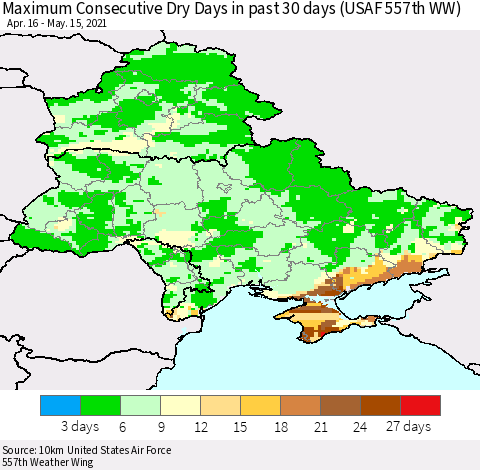 Ukraine, Moldova and Belarus Maximum Consecutive Dry Days in past 30 days (USAF 557th WW) 05/15/2021 Thematic Map For 5/11/2021 - 5/15/2021