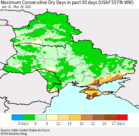 Ukraine, Moldova and Belarus Maximum Consecutive Dry Days in past 30 days (USAF 557th WW) 05/20/2021 Thematic Map For 5/16/2021 - 5/20/2021