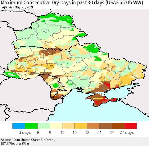Ukraine, Moldova and Belarus Maximum Consecutive Dry Days in past 30 days (USAF 557th WW) 05/25/2021 Thematic Map For 5/21/2021 - 5/25/2021