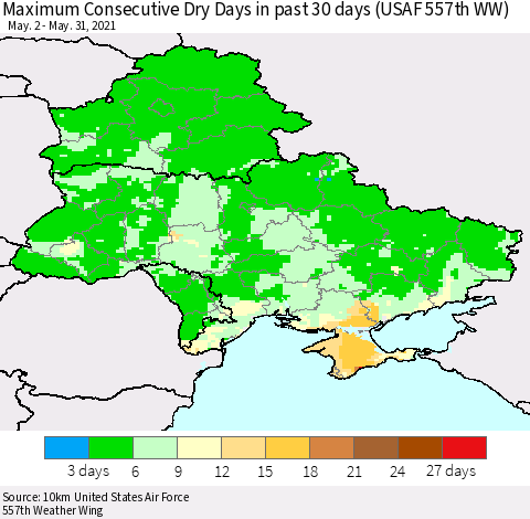 Ukraine, Moldova and Belarus Maximum Consecutive Dry Days in past 30 days (USAF 557th WW) 05/31/2021 Thematic Map For 5/26/2021 - 5/31/2021