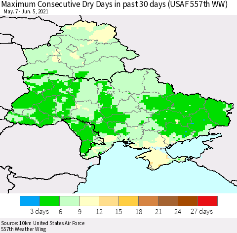 Ukraine, Moldova and Belarus Maximum Consecutive Dry Days in past 30 days (USAF 557th WW) 06/05/2021 Thematic Map For 6/1/2021 - 6/5/2021