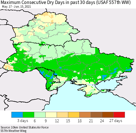 Ukraine, Moldova and Belarus Maximum Consecutive Dry Days in past 30 days (USAF 557th WW) 06/15/2021 Thematic Map For 6/11/2021 - 6/15/2021