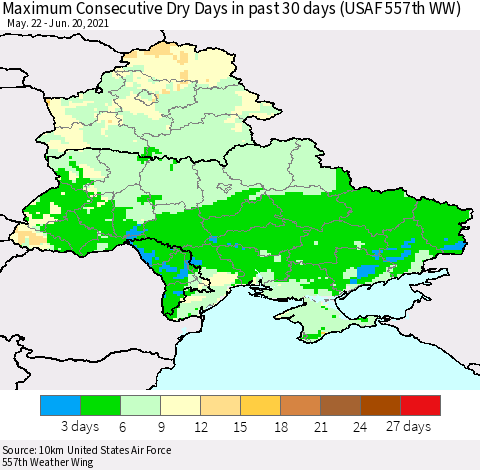 Ukraine, Moldova and Belarus Maximum Consecutive Dry Days in past 30 days (USAF 557th WW) 06/20/2021 Thematic Map For 6/16/2021 - 6/20/2021