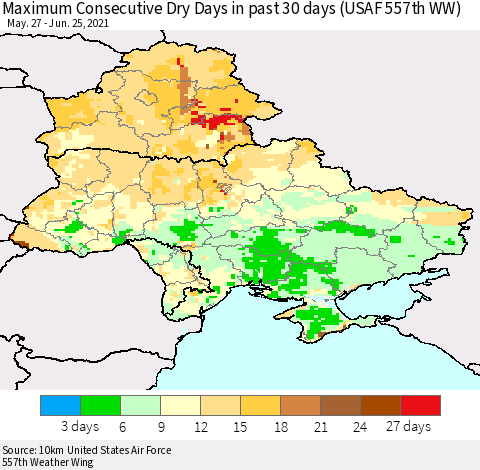 Ukraine, Moldova and Belarus Maximum Consecutive Dry Days in past 30 days (USAF 557th WW) 06/25/2021 Thematic Map For 6/21/2021 - 6/25/2021