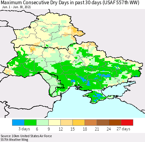 Ukraine, Moldova and Belarus Maximum Consecutive Dry Days in past 30 days (USAF 557th WW) 06/30/2021 Thematic Map For 6/26/2021 - 6/30/2021