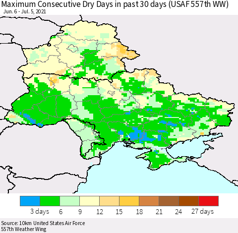 Ukraine, Moldova and Belarus Maximum Consecutive Dry Days in past 30 days (USAF 557th WW) 07/05/2021 Thematic Map For 7/1/2021 - 7/5/2021