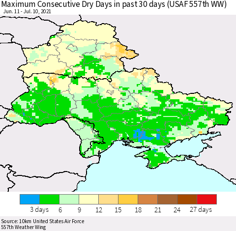 Ukraine, Moldova and Belarus Maximum Consecutive Dry Days in past 30 days (USAF 557th WW) 07/10/2021 Thematic Map For 7/6/2021 - 7/10/2021