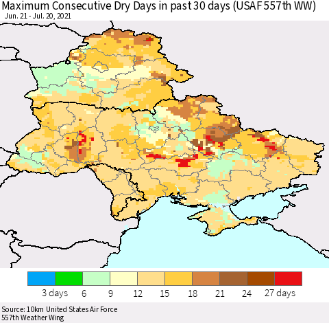 Ukraine, Moldova and Belarus Maximum Consecutive Dry Days in past 30 days (USAF 557th WW) 07/20/2021 Thematic Map For 7/16/2021 - 7/20/2021