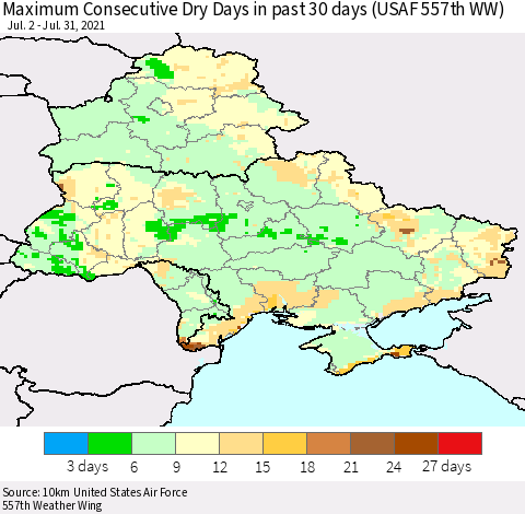 Ukraine, Moldova and Belarus Maximum Consecutive Dry Days in past 30 days (USAF 557th WW) 07/31/2021 Thematic Map For 7/26/2021 - 7/31/2021