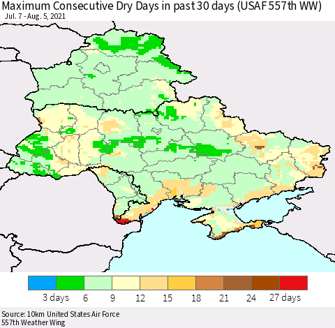 Ukraine, Moldova and Belarus Maximum Consecutive Dry Days in past 30 days (USAF 557th WW) 08/05/2021 Thematic Map For 8/1/2021 - 8/5/2021