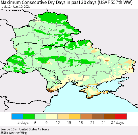 Ukraine, Moldova and Belarus Maximum Consecutive Dry Days in past 30 days (USAF 557th WW) 08/10/2021 Thematic Map For 8/6/2021 - 8/10/2021