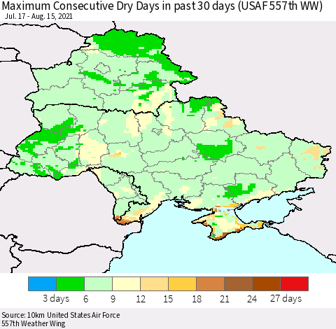 Ukraine, Moldova and Belarus Maximum Consecutive Dry Days in past 30 days (USAF 557th WW) 08/15/2021 Thematic Map For 8/11/2021 - 8/15/2021