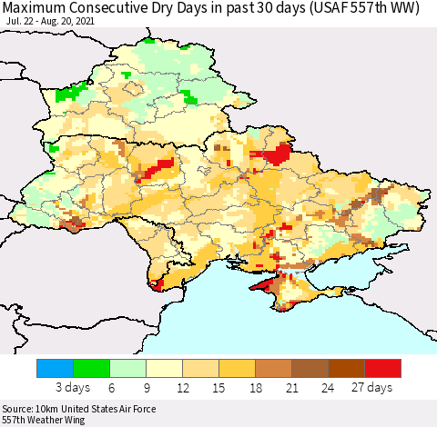 Ukraine, Moldova and Belarus Maximum Consecutive Dry Days in past 30 days (USAF 557th WW) 08/20/2021 Thematic Map For 8/16/2021 - 8/20/2021