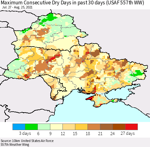 Ukraine, Moldova and Belarus Maximum Consecutive Dry Days in past 30 days (USAF 557th WW) 08/25/2021 Thematic Map For 8/21/2021 - 8/25/2021