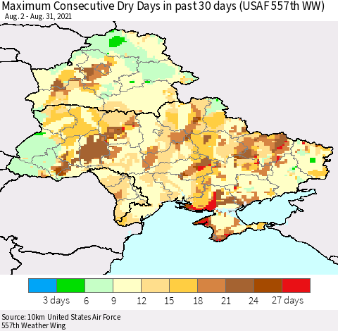 Ukraine, Moldova and Belarus Maximum Consecutive Dry Days in past 30 days (USAF 557th WW) 08/31/2021 Thematic Map For 8/26/2021 - 8/31/2021